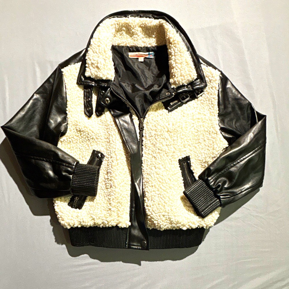 Vintage Havana Faux Leather Sherpa Bomber Jacket Black Cream Moto Full Zip Large